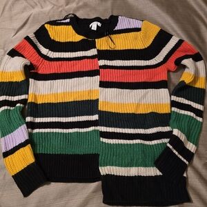 Nine West Women's Sweater Small Multicolor Striped Asymmetrical Hem Chunky Knit